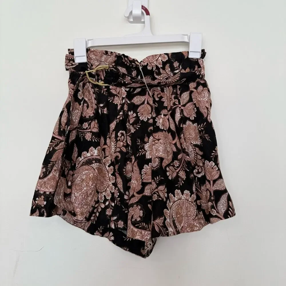 NWT Kivari Layla Black Paisley Linen High Waisted Paperbag Belted Shorts